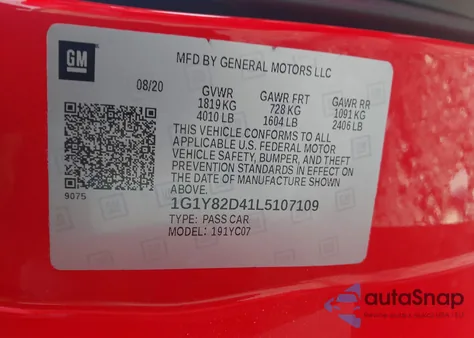 2020 Chevrolet Corvette Stingray Rwd 3Lt from USA, damaged, VIN 1G1Y82D41L5107109